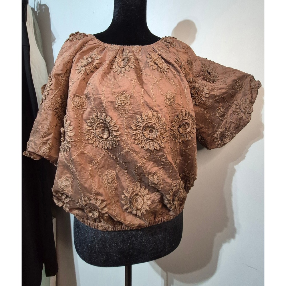 Industry Republic Clothing Brown Floral Embroidered Bubble Hem Blouse Medium